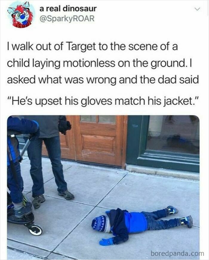 Child laying motionless on sidewalk, upset because his gloves match his jacket, captured in a cheerful meme about online time.