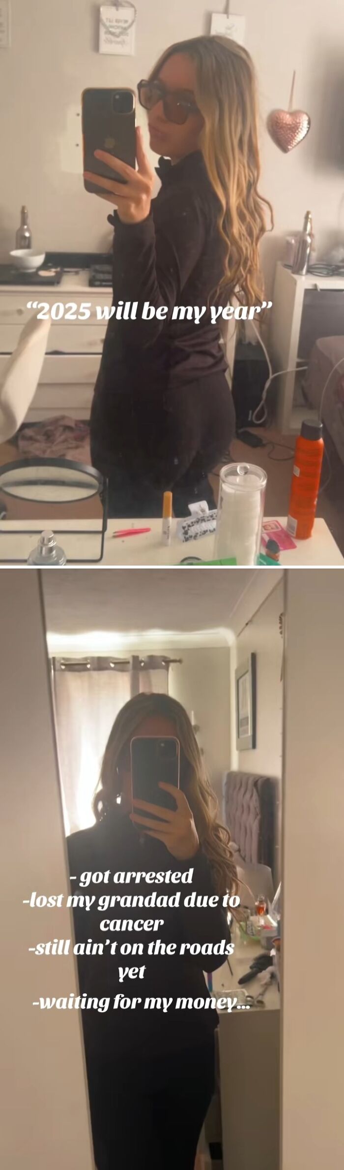 Young woman taking mirror selfies reflecting how 2025 will be her year despite hardships in 2024 revealed by people.
