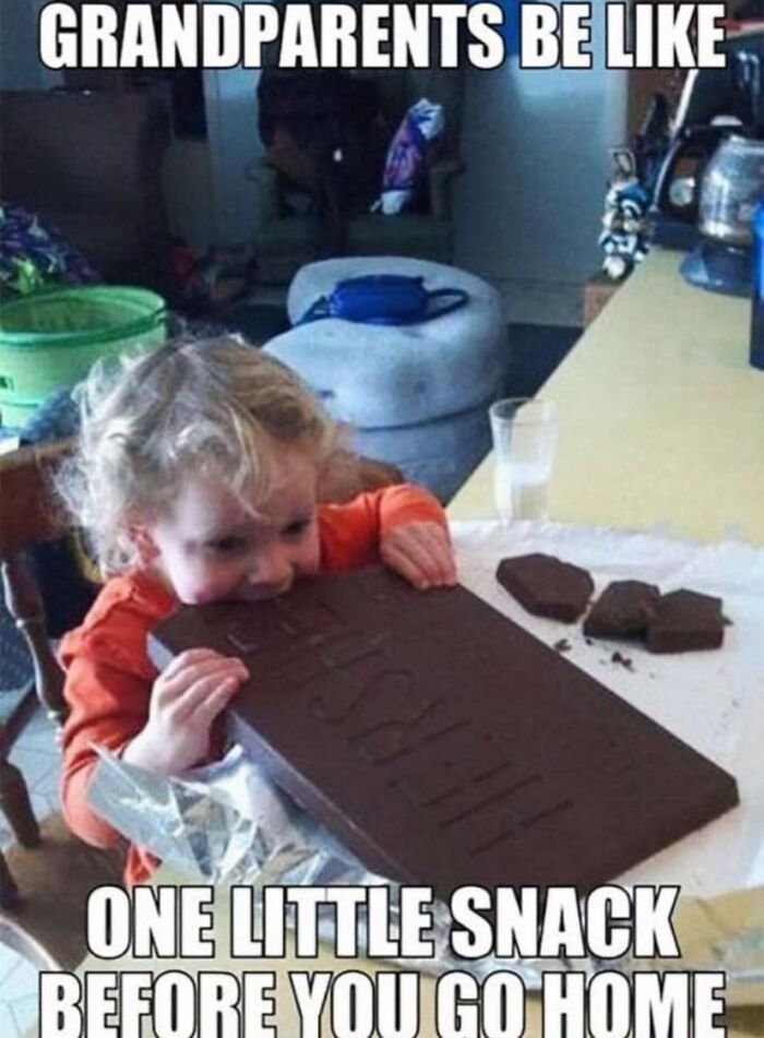 Child biting a giant chocolate bar with text about grandparents giving one little snack, relatable parent meme.