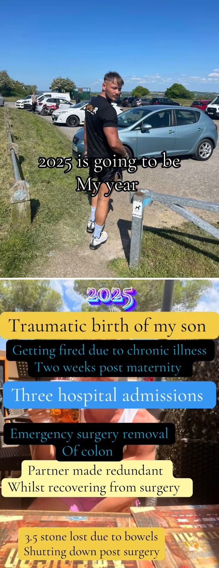 Man walking in a parking lot with text about 2025 challenges including hospital admissions and surgery recovery.