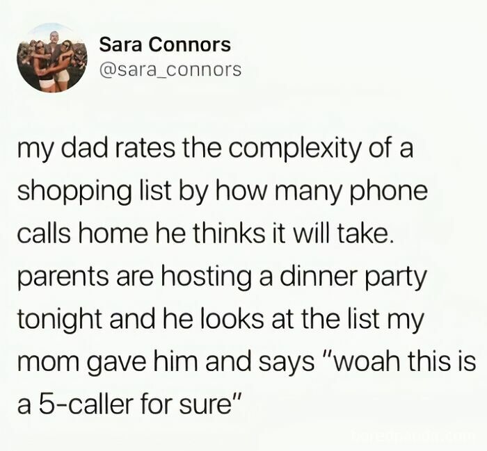 Tweet about a dad rating shopping list complexity by phone calls, showcasing relatable memes for parents going through it.