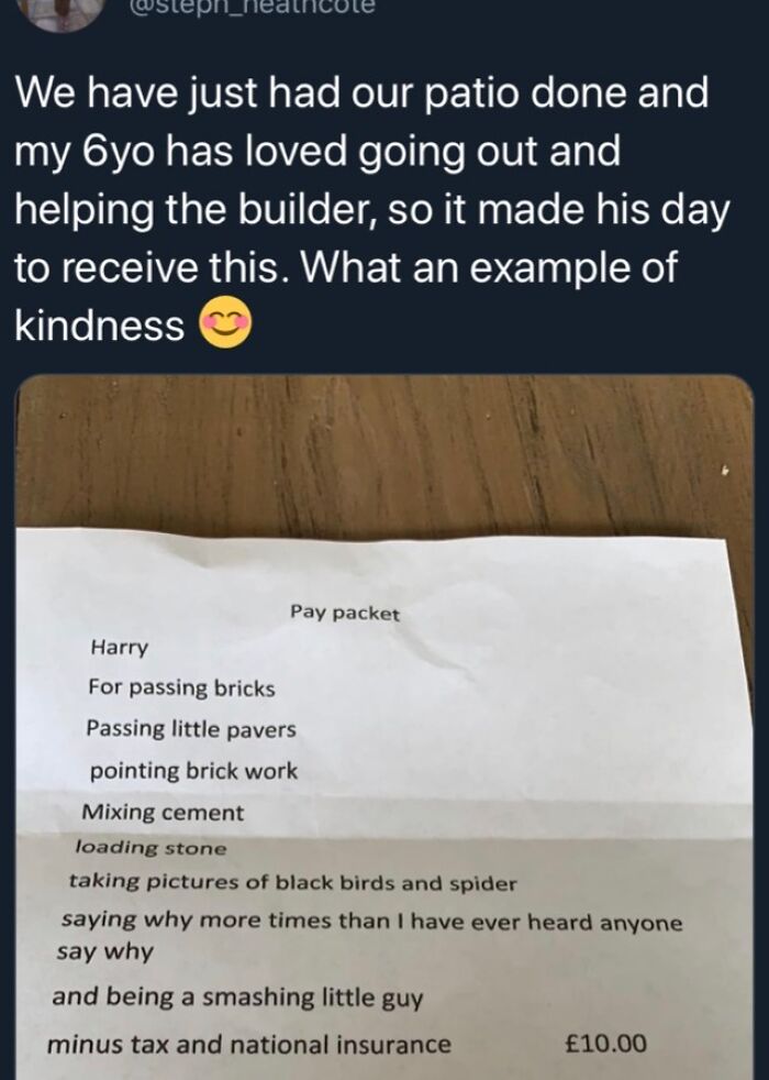 Pay packet for a 6-year-old helping with patio work, capturing a relatable parenting meme about kids and kindness.