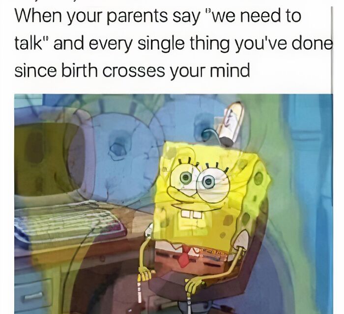 SpongeBob meme showing anxious expression, capturing relatable parenting moments and humor for parents going through it.
