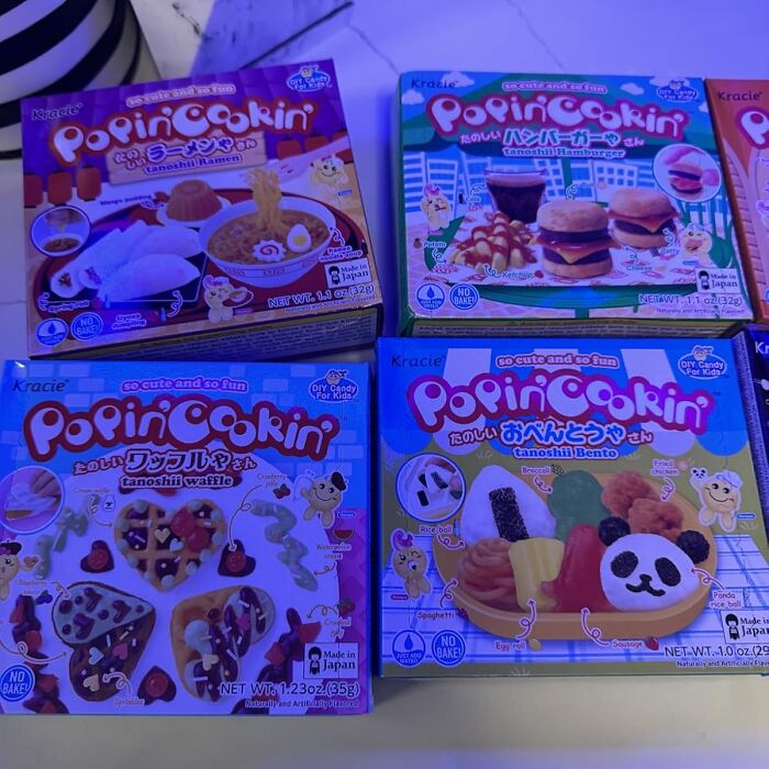 Assorted Popin Cookin kits featuring wacky foods, perfect gift ideas for your snack-obsessed friend’s collection.