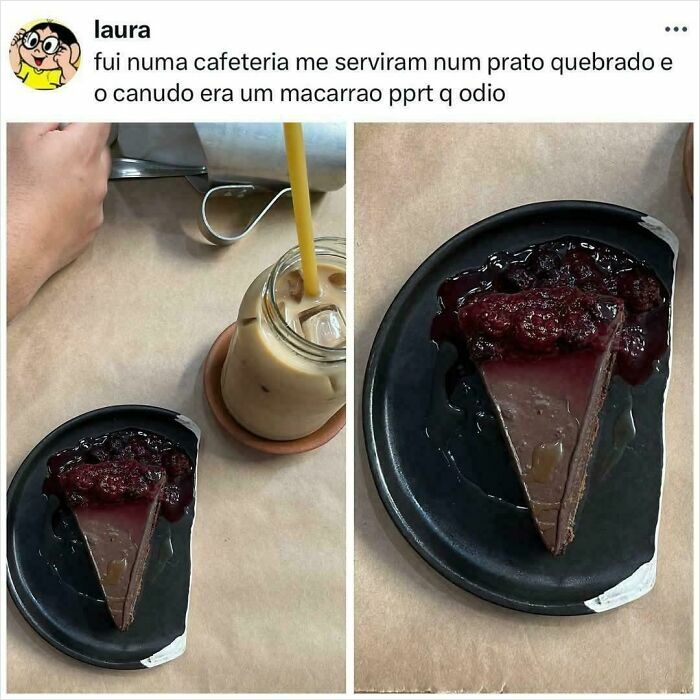 Broken plate serving a slice of dessert with sauce and a straw made from pasta in a drink glass at a restaurant.