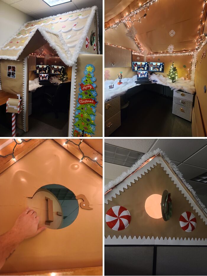 Creative workplace Christmas decorations transform office into a gingerbread house with festive lights and holiday details.