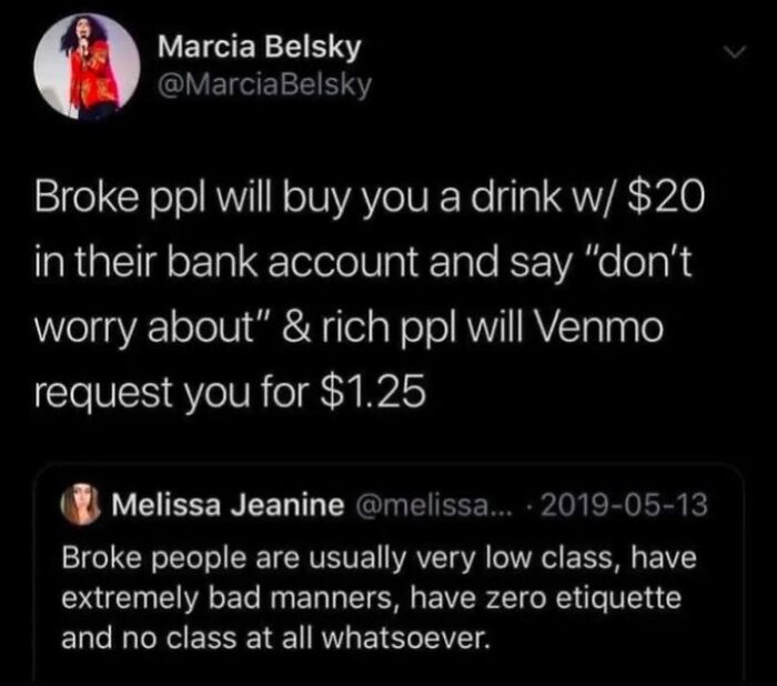 Screenshot of a social media post showcasing an epic burn comparing broke and rich people, highlighting 2025 insults.