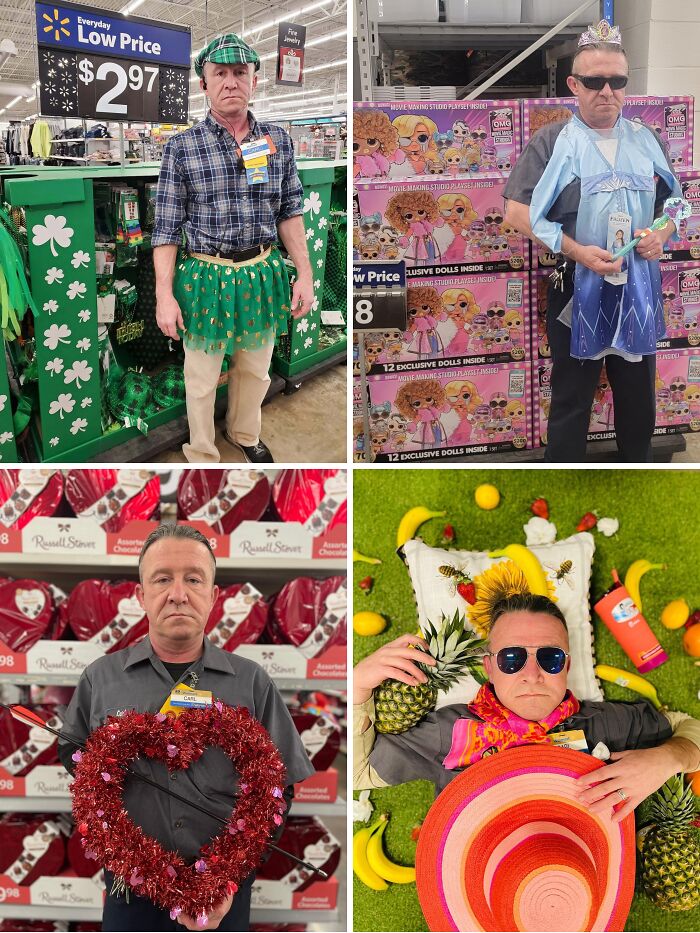 Man in various funny and unusual costumes and setups inside Walmart stores that make you wonder what is going on.