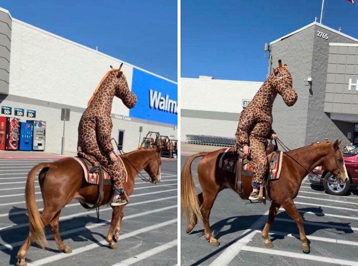 Person dressed in a giraffe costume riding a horse outside a Walmart store, creating a curious and unusual scene.