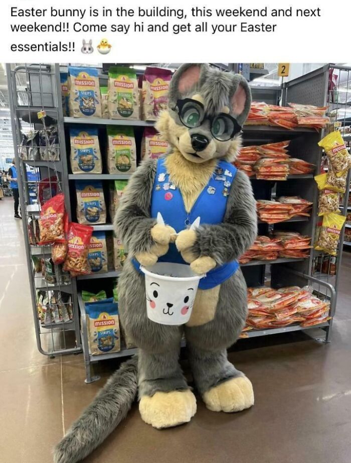 Person in a furry costume holding an Easter bucket inside a Walmart aisle with shelves stocked with snacks.