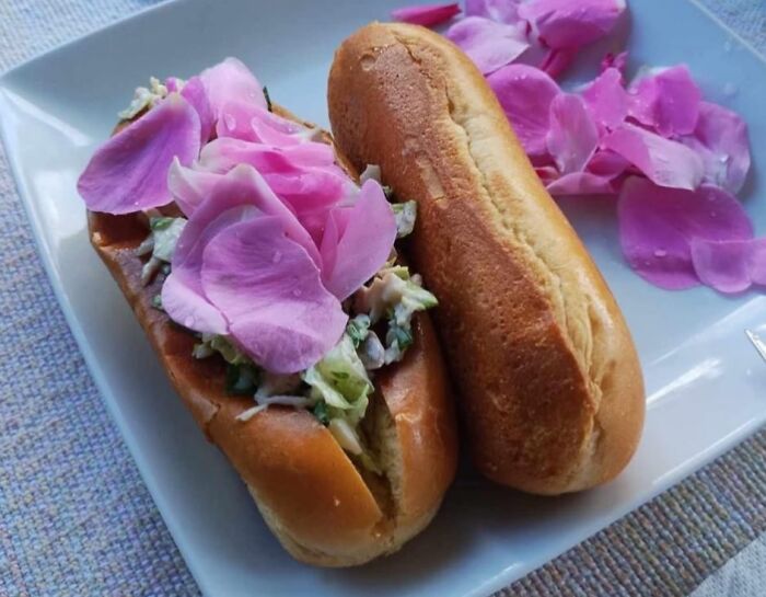 Chicken sandwich topped with rose petals on a plate, an unusual dish featured in food pics to be shamed online.
