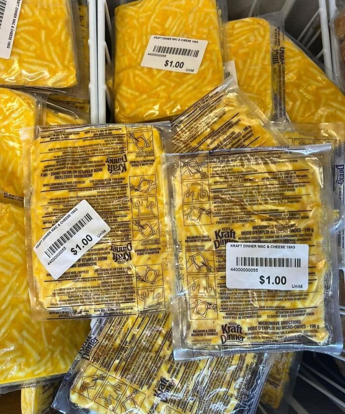 Multiple packs of Kraft dinner mac and cheese priced at one dollar, an example of food pics that deserve to be shamed online