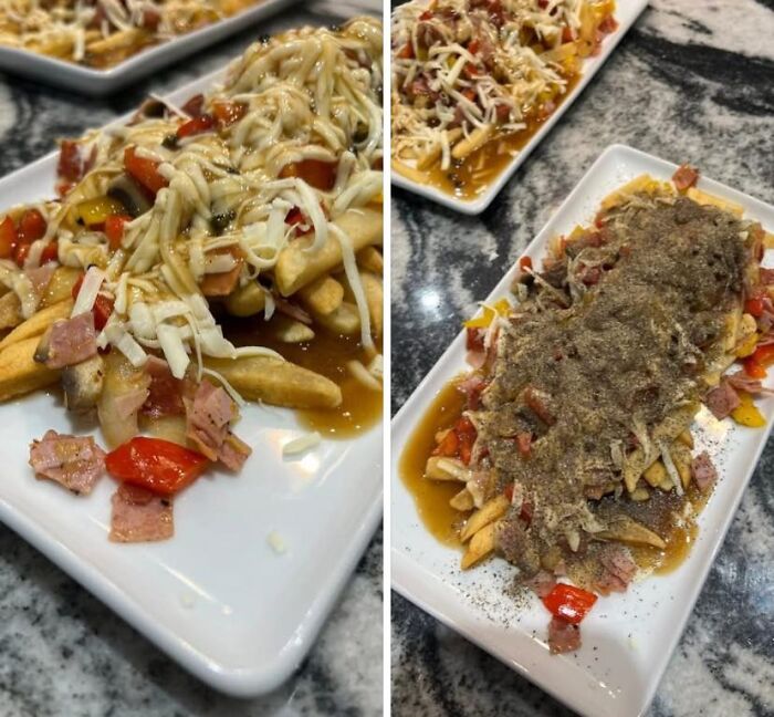 Plate of fries topped with cheese, diced meat, peppers, sauce, and heavily sprinkled black pepper in food pics to be shamed online