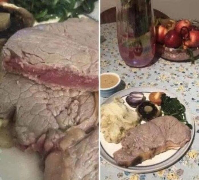 Undercooked porterhouse steak with mashed cauliflower and spinach serving fails from food pics that deserve shaming online