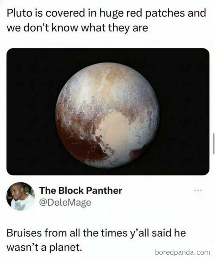 Image of Pluto with red patches, paired with a humorous meme about stress relief through hilarious memes.