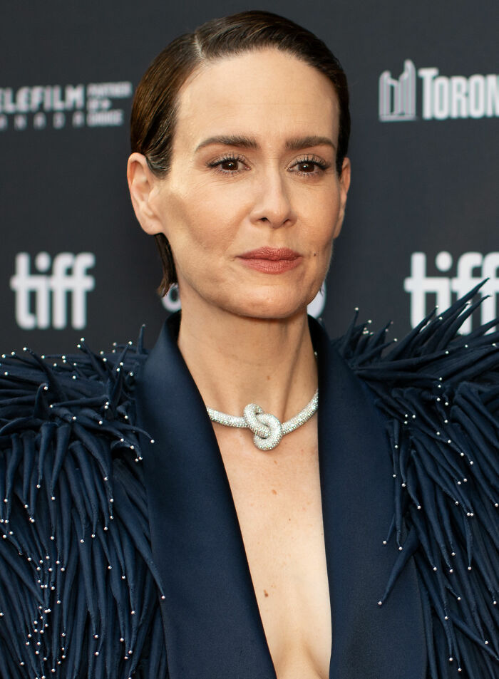 Sarah Paulson at a red carpet event wearing a navy outfit and a jeweled necklace, showcasing her career highlights.