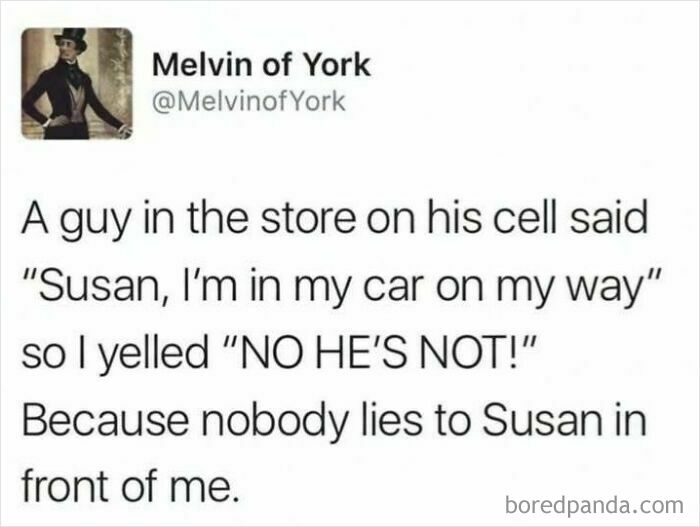 Tweet about a man loudly denying a caller's lie in a store, part of hilarious memes that make you forget stress.