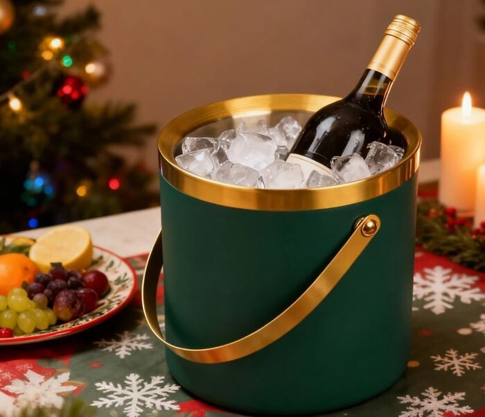 Bottle of wine chilling in ice bucket on festive table, a unique gift for the person who has everything.