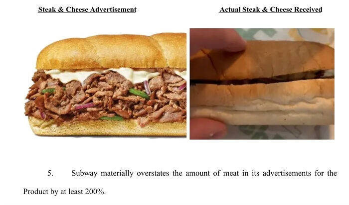 Side-by-side photos showing expectations vs reality of a steak and cheese sandwich with minimal filling received.