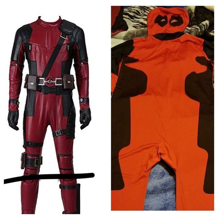 Expectation vs reality photo showing a detailed Deadpool costume next to a poorly made, oversized orange outfit.