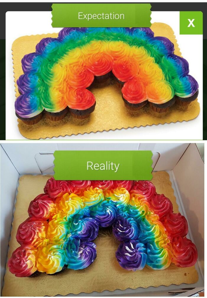 Expectation versus reality photo of a rainbow cupcake cake with colorful frosting that left people underwhelmed.
