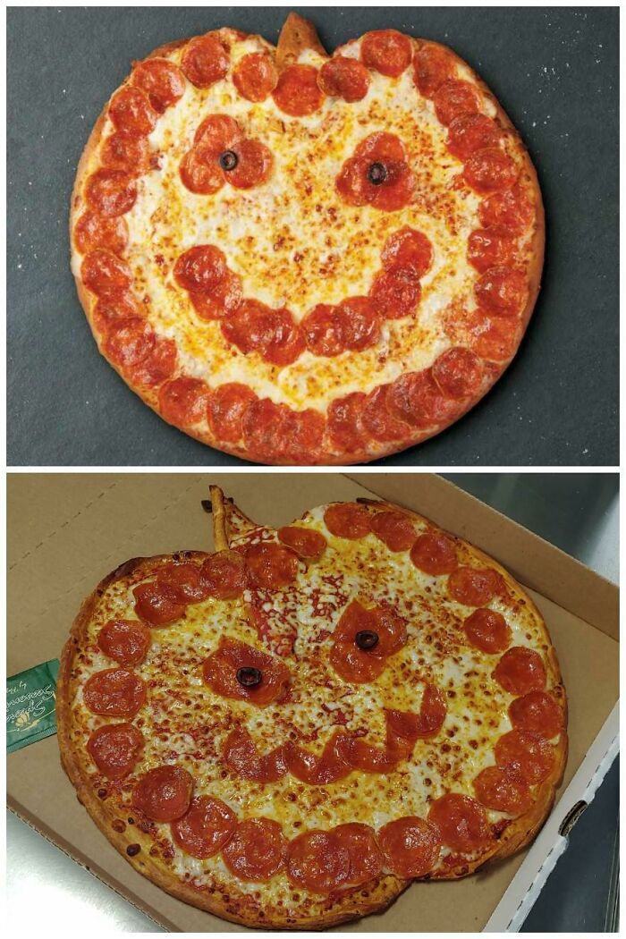 Expectation vs reality photo of a smiley face pepperoni pizza, with a neat design and a distorted pizza in a box.
