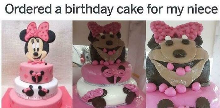Birthday cake expectations vs reality showing a poorly made Minnie Mouse cake that left people underwhelmed.