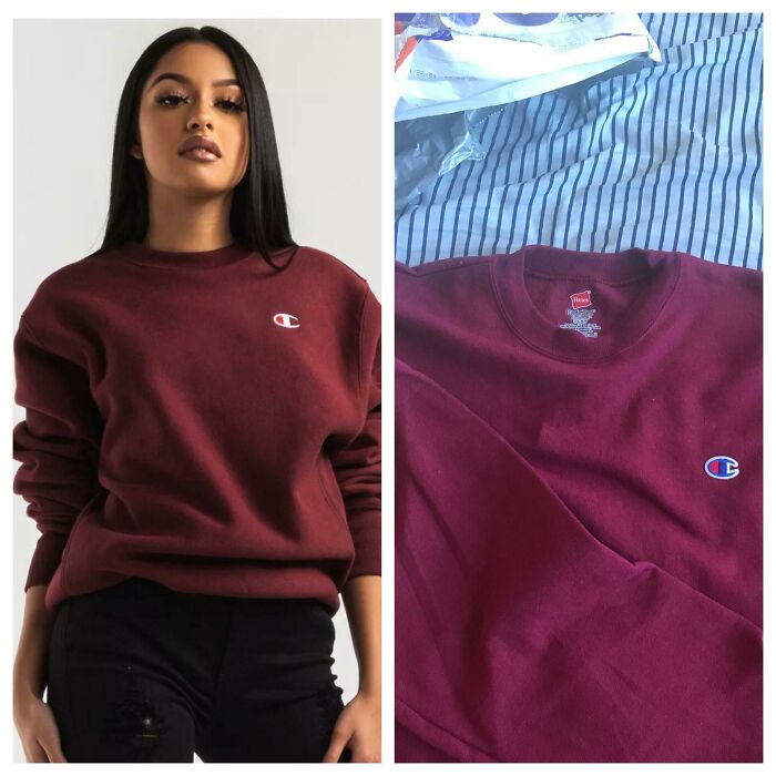 Side-by-side photos showing expectations vs reality of a maroon Champion sweatshirt, highlighting differences in fit and presentation.