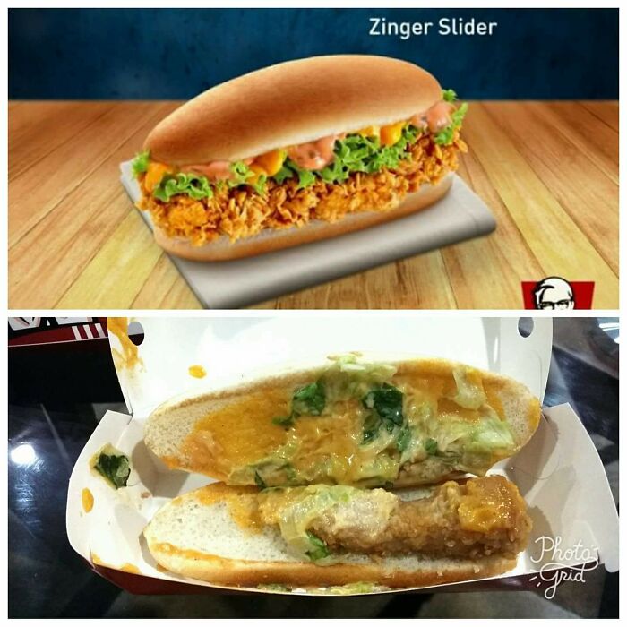 Expectation vs reality photo showing a crispy chicken sandwich that looks underwhelming compared to the advert image.