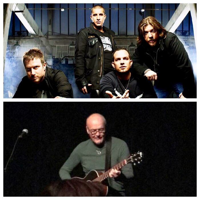 Top image shows a posed music band photo while bottom image shows a solo musician playing guitar, highlighting expectations vs reality.