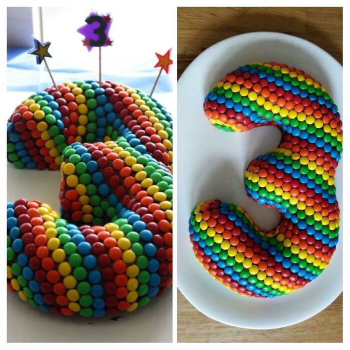 Colorful number 3 birthday cake covered with rainbow candies comparing expectation versus reality results.