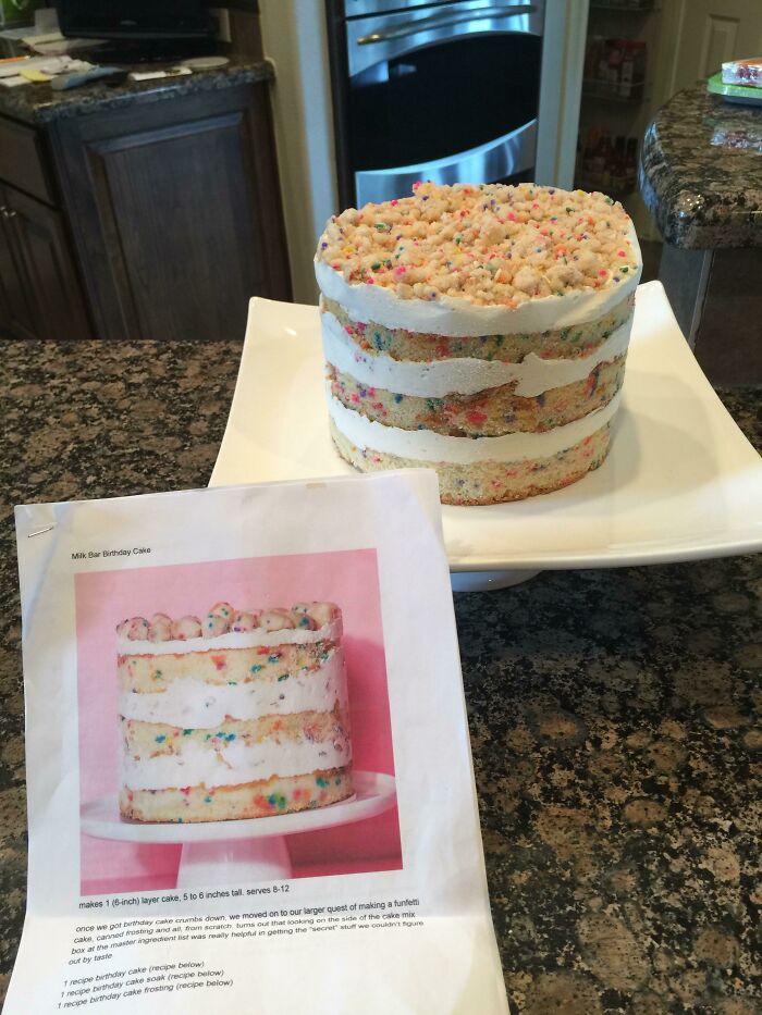 Layered birthday cake on a plate compared to an expectation photo, showcasing expectations vs reality photos.