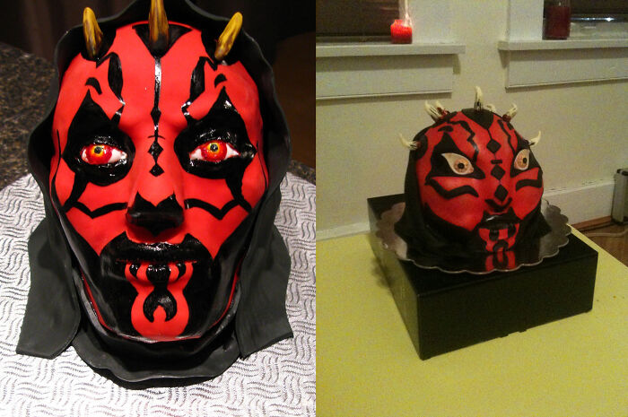 Expectation vs reality photos comparing a detailed Demon mask and a less accurate homemade version on a table.