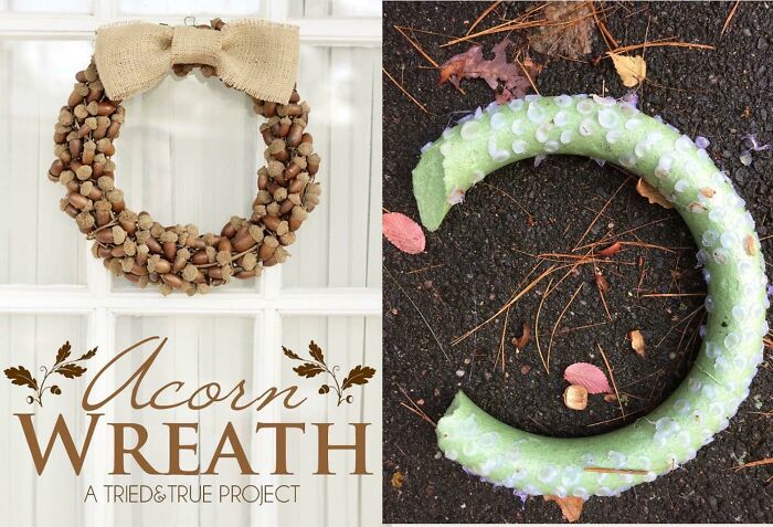 Acorn wreath DIY project photo showing expectation versus reality of a failed wreath with suction cups on a green foam base.