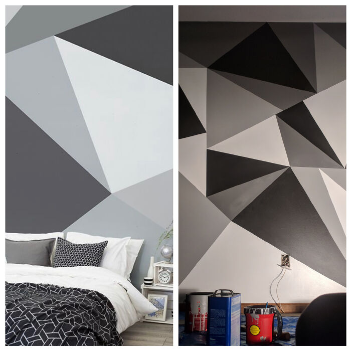 Side-by-side comparison of geometric wall paint showing expectations versus reality results in bedroom décor.