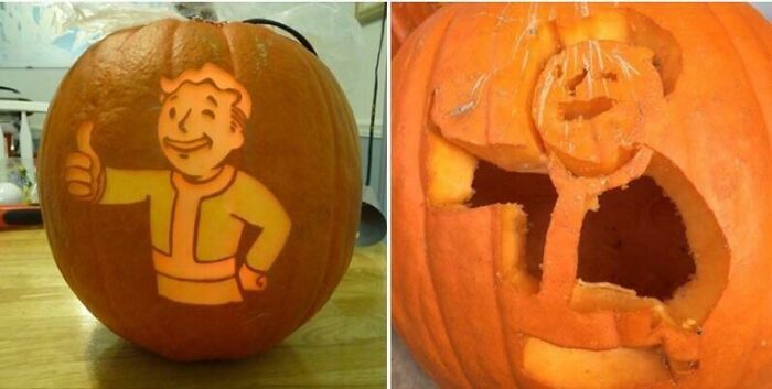 Side-by-side comparison of expectation vs reality photos showing a detailed pumpkin carving and a poorly executed one.