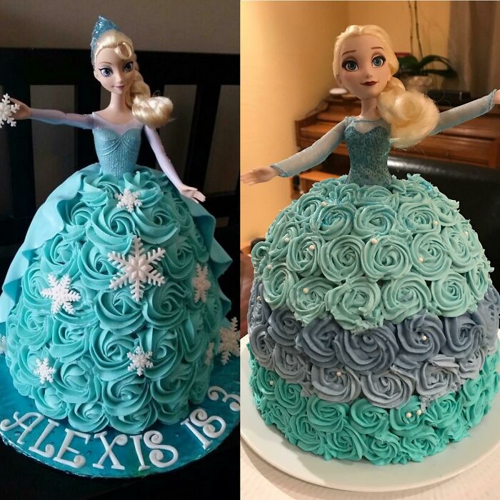 Two Elsa doll cakes side by side showcasing expectations vs reality with intricate and uneven blue frosting roses.
