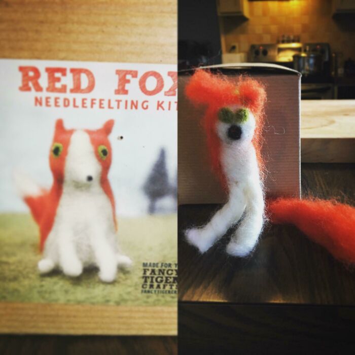 Expectation vs reality photos showing a needle felting kit fox toy that looks underwhelming and funny in real life.