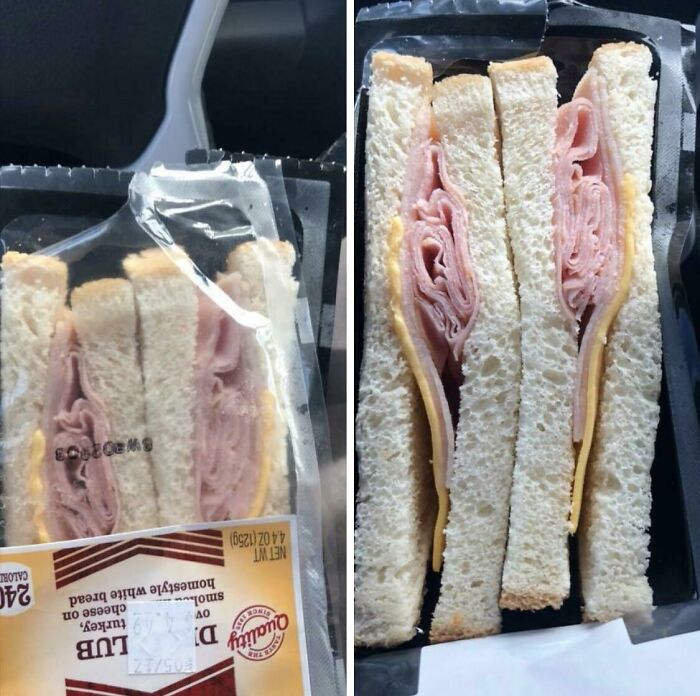 Packaged ham and cheese sandwich showing expectations versus reality with uneven bread slices inside.