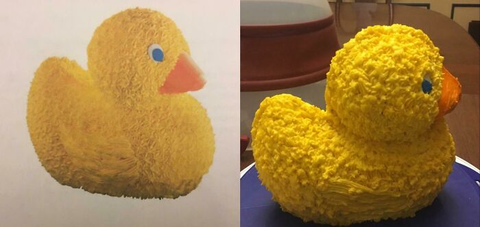 Rubber duck cake expectation vs reality photo showing underwhelming and overjoyed reactions to the final result.