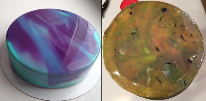 Side-by-side expectation vs reality photos of colorful cakes showing a perfect cake and a disappointing homemade result.