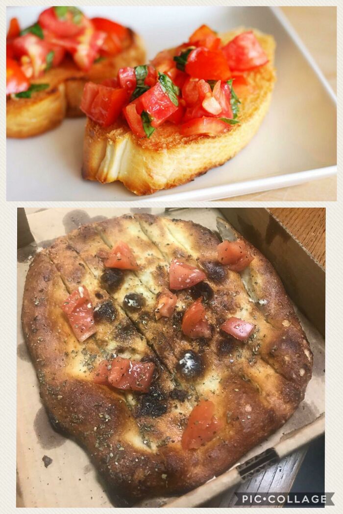 Two images showing expectations vs reality photos of a tomato bruschetta and burnt bread with sparse tomatoes.