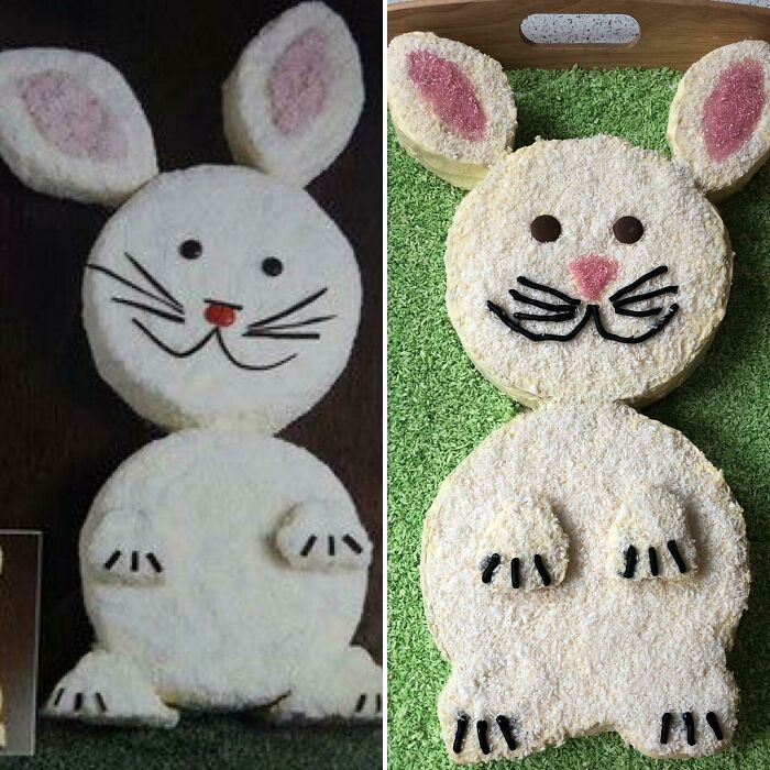 Side-by-side photos of expectation vs reality bunny cakes showing differences in design and decoration quality.
