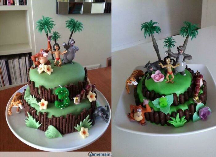 Side by side comparison of expectation vs reality photos showing a jungle-themed cake with character figurines.