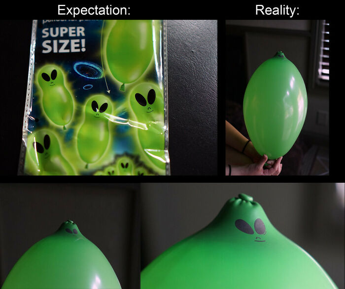 Expectation vs reality photo showing a green alien balloon that looks underwhelming compared to packaging illustration.