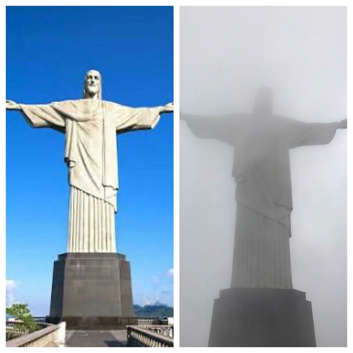 Side by side photos showing expectations vs reality of Christ the Redeemer statue in clear and foggy weather conditions.