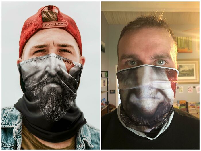 Side-by-side expectation vs reality photos of face masks with printed beards, showing underwhelming and overjoyed reactions.
