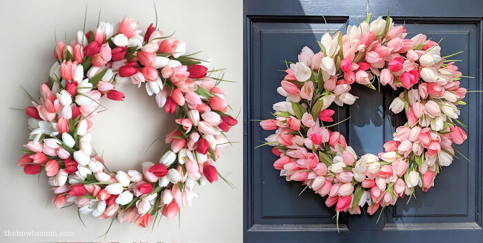 Side-by-side comparison of expectation vs reality photos showing colorful tulip wreaths with different appearances.