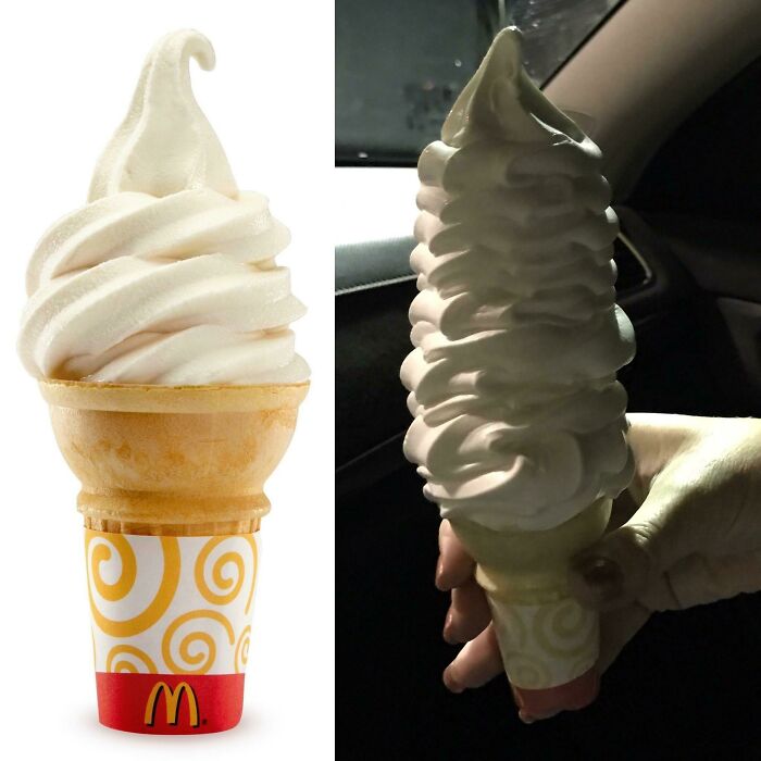 Expectation vs reality photo showing a McDonald's soft serve ice cream cone with an unusual swirl design.