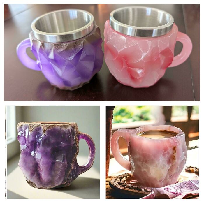 Expectations vs reality photos of gemstone-style mugs with polished and rough finishes showing underwhelming and overjoyed results.
